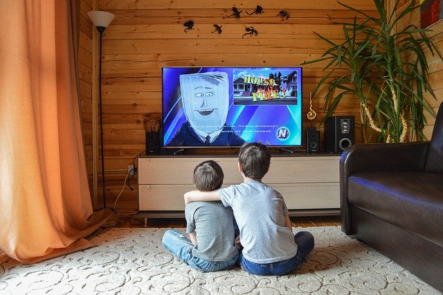 男の子が二人でテレビを見ている画像